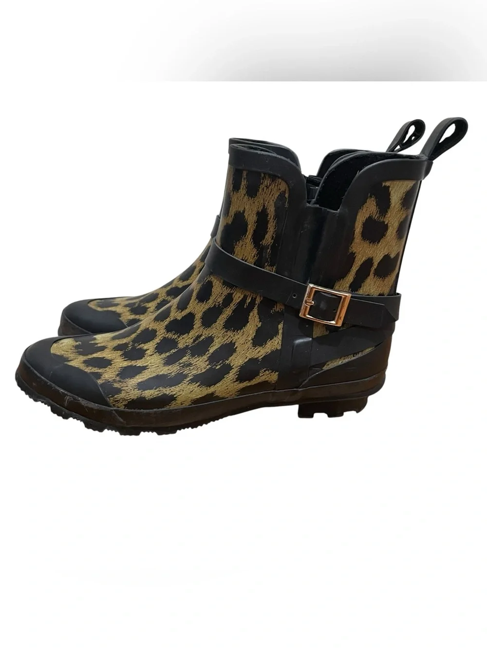 Talbots Leopard Print Rain Boots Black Gold Buckle Women’s Size 9 Ankle Chelsea